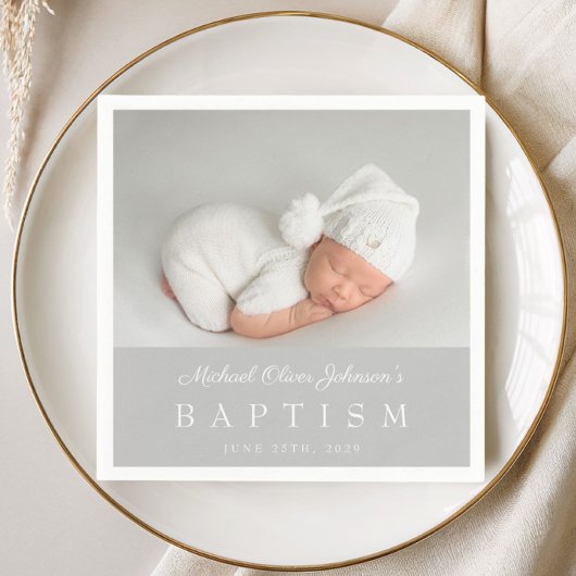 Serviette En Papier Elegant Gray Script Photo Baptism