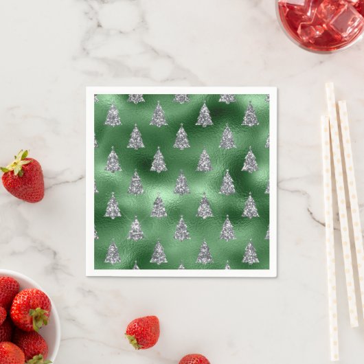 Serviette En Papier Elegant Green & Faux Silver Trees Christmas (En situation)