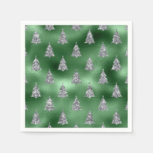 Serviette En Papier Elegant Green & Faux Silver Trees Christmas (Devant)