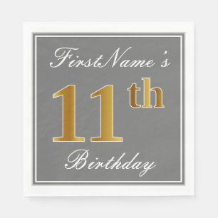 Serviette En Papier Elégant Grey, Faux Gold 11e anniversaire; Nom pers