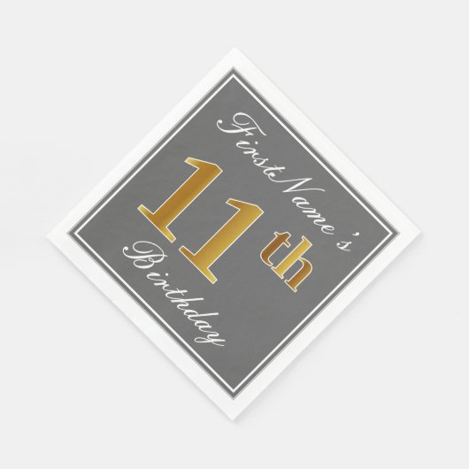 Serviette En Papier Elégant Grey, Faux Gold 11e anniversaire; Nom pers (Coin)
