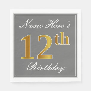 Serviette En Papier Elégant Grey, Faux Gold 12e anniversaire; Nom pers