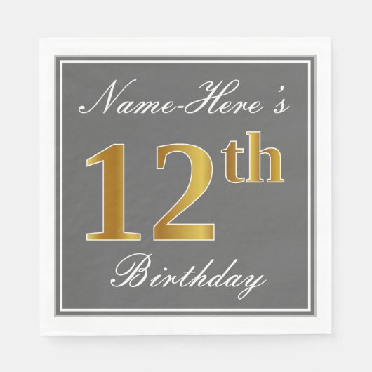 Serviette En Papier Elégant Grey, Faux Gold 12e anniversaire; Nom pers (Devant)