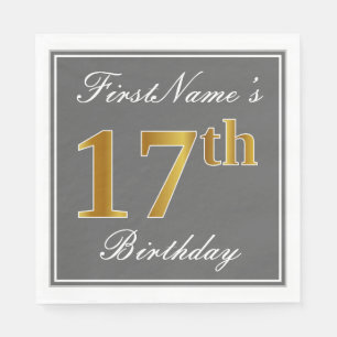 Serviette En Papier Elégant Grey, Faux Gold 17e anniversaire; Nom pers
