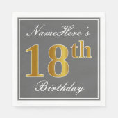 Serviette En Papier Elégant Grey, Faux Gold 18e anniversaire; Nom pers (Devant)