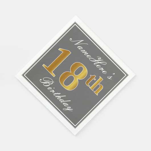 Serviette En Papier Elégant Grey, Faux Gold 18e anniversaire; Nom pers (Coin)