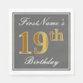 Serviette En Papier Elégant Grey, Faux Gold 19e anniversaire; Nom pers (Devant)