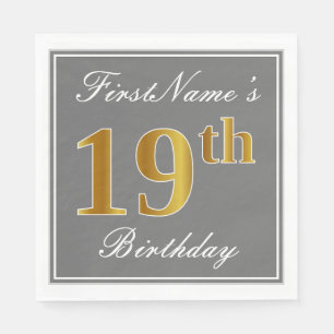 Serviette En Papier Elégant Grey, Faux Gold 19e anniversaire; Nom pers