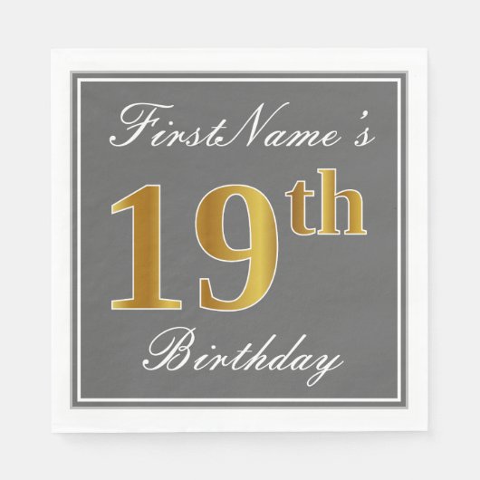 Serviette En Papier Elégant Grey, Faux Gold 19e anniversaire; Nom pers (Devant)
