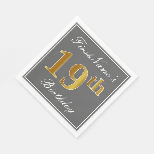 Serviette En Papier Elégant Grey, Faux Gold 19e anniversaire; Nom pers (Coin)
