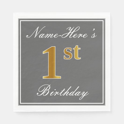 Serviette En Papier Elegant Grey, Faux Gold 1er Anniversaire + Nom per (Devant)