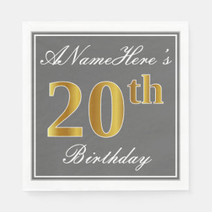 Serviette En Papier Elégant Grey, Faux Gold 20th Birthday; Nom personn