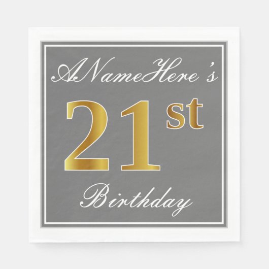 Serviette En Papier Elégant Grey, Faux Gold 21e anniversaire; Nom pers (Devant)