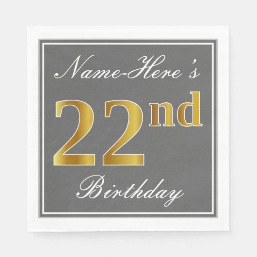 Serviette En Papier Elégant Grey, Faux Gold 22e anniversaire; Nom pers (Devant)