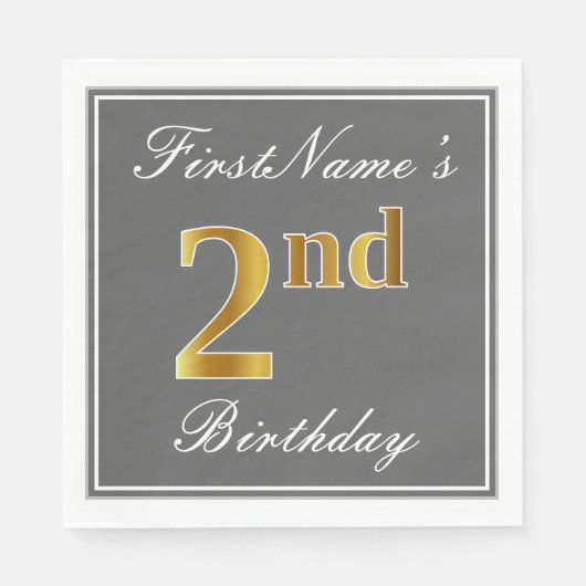 Serviette En Papier Elegant Grey, Faux Gold 2e anniversaire + Nom pers (Devant)
