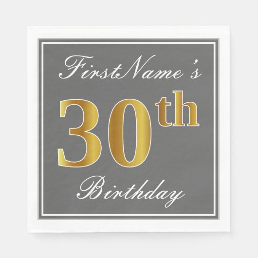 Serviette En Papier Elégant Grey, Faux Gold 30e anniversaire; Nom pers (Devant)