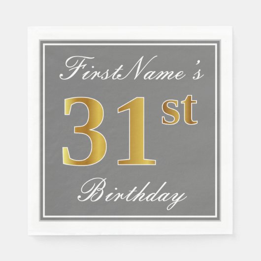 Serviette En Papier Elégant Grey, Faux Gold 31e anniversaire; Nom pers (Devant)
