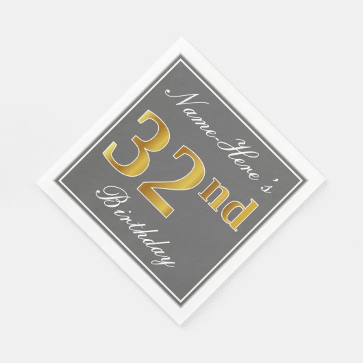 Serviette En Papier Elégant Grey, Faux Gold 32e anniversaire; Nom pers (Coin)