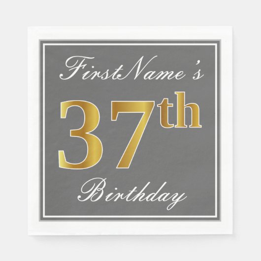 Serviette En Papier Elégant Grey, Faux Gold 37e anniversaire; Nom pers (Devant)