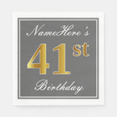 Serviette En Papier Elégant Grey, Faux Gold 41e anniversaire; Nom pers (Devant)
