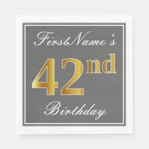 Serviette En Papier Elégant Grey, Faux Gold 42e anniversaire; Nom pers