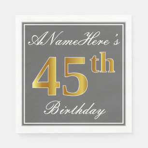 Serviette En Papier Elégant Grey, Faux Gold 45e anniversaire; Nom pers