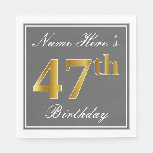 Serviette En Papier Elégant Grey, Faux Gold 47e anniversaire; Nom pers (Devant)