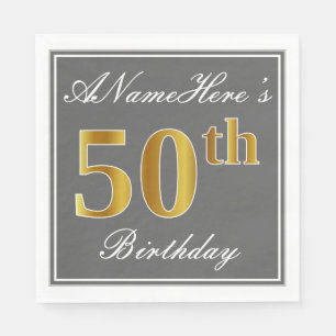 Serviette En Papier Elégant Grey, Faux Gold 50e Anniversaire; Nom pers