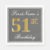 Serviette En Papier Elégant Grey, Faux Gold 51e anniversaire; Nom pers (Devant)