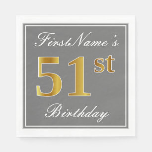 Serviette En Papier Elégant Grey, Faux Gold 51e anniversaire; Nom pers