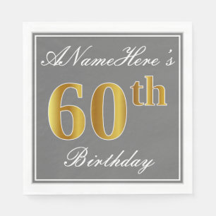 Serviette En Papier Elégant Grey, Faux Gold 60e anniversaire; Nom pers