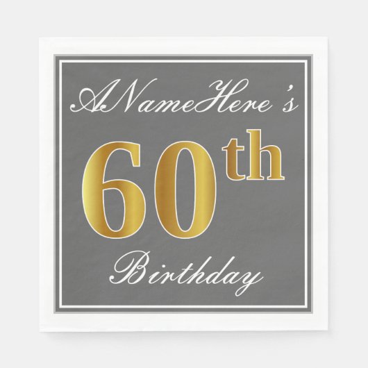 Serviette En Papier Elégant Grey, Faux Gold 60e anniversaire; Nom pers (Devant)