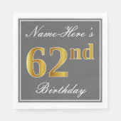 Serviette En Papier Elégant Grey, Faux Gold 62e anniversaire; Nom pers (Devant)