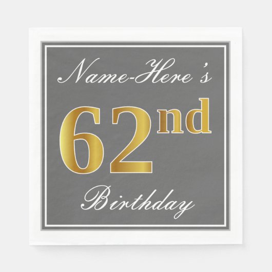 Serviette En Papier Elégant Grey, Faux Gold 62e anniversaire; Nom pers (Devant)