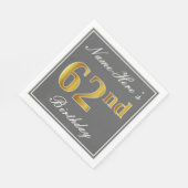 Serviette En Papier Elégant Grey, Faux Gold 62e anniversaire; Nom pers (Coin)