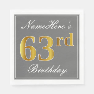 Serviette En Papier Elégant Grey, Faux Gold 63e anniversaire; Nom pers