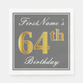 Serviette En Papier Elégant Grey, Faux Gold 64e anniversaire; Nom pers (Devant)