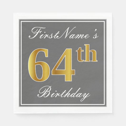 Serviette En Papier Elégant Grey, Faux Gold 64e anniversaire; Nom pers (Devant)