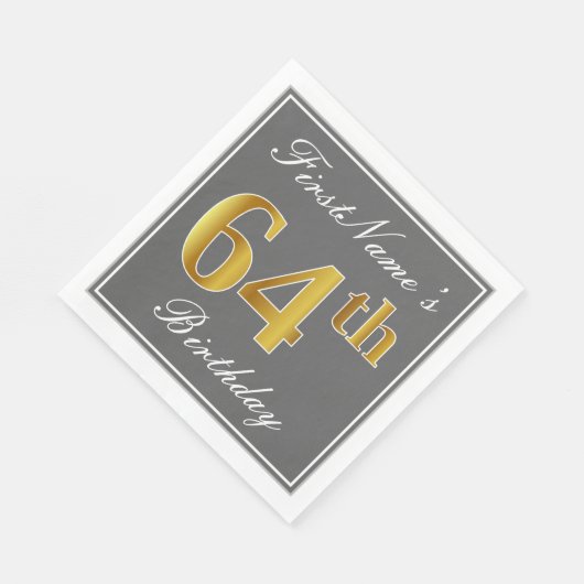 Serviette En Papier Elégant Grey, Faux Gold 64e anniversaire; Nom pers (Coin)