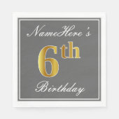 Serviette En Papier Elégant Grey, Faux Gold 6e anniversaire + Nom pers (Devant)