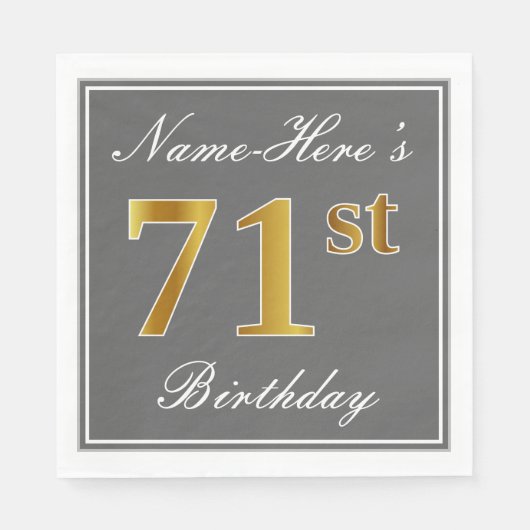 Serviette En Papier Elégant Grey, Faux Gold 71e Anniversaire; Nom pers (Devant)