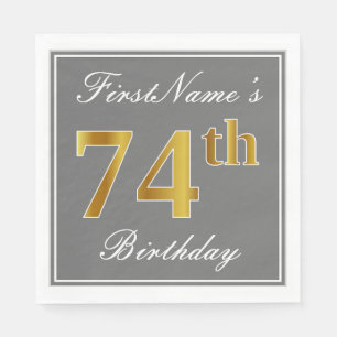 Serviette En Papier Elégant Grey, Faux Gold 74e anniversaire; Nom pers