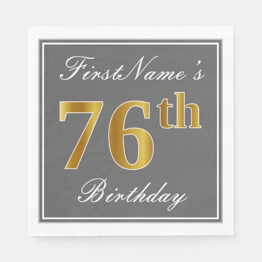 Serviette En Papier Elégant Grey, Faux Gold 76e anniversaire; Nom pers (Devant)
