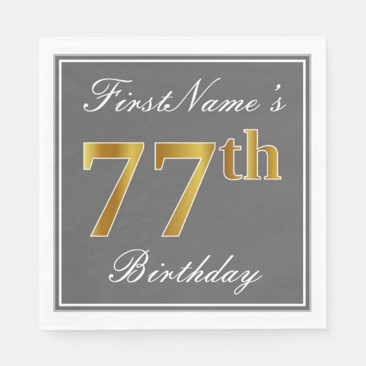 Serviette En Papier Elégant Grey, Faux Gold 77e anniversaire; Nom pers (Devant)