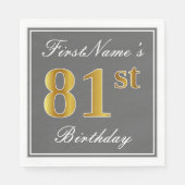 Serviette En Papier Elégant Grey, Faux Gold 81ème Anniversaire; Nom pe (Devant)