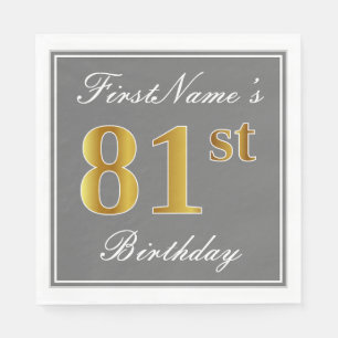 Serviette En Papier Elégant Grey, Faux Gold 81ème Anniversaire; Nom pe