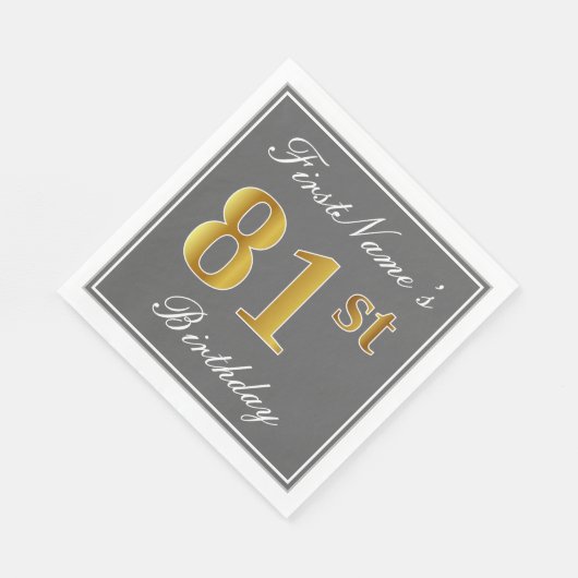 Serviette En Papier Elégant Grey, Faux Gold 81ème Anniversaire; Nom pe (Coin)