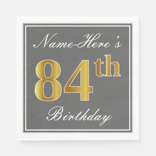 Serviette En Papier Elégant Grey, Faux Gold 84e anniversaire; Nom pers (Devant)