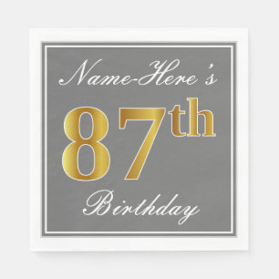Serviette En Papier Elégant Grey, Faux Gold 87e anniversaire; Nom pers