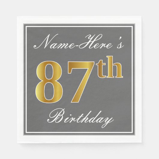Serviette En Papier Elégant Grey, Faux Gold 87e anniversaire; Nom pers (Devant)